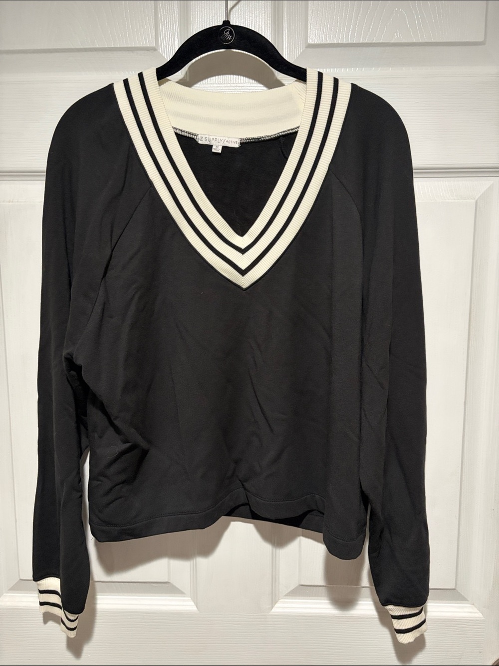 Z Supply Black V-Neck Sweater with Cream Stripe Trim